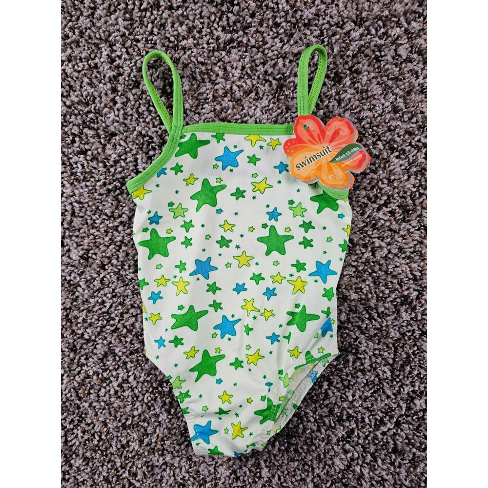 Max Grey Baby Girls Sz 12-18M One Piece Swimsuit Green White Star Print NEW
